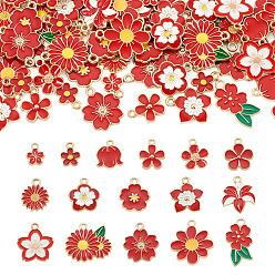 Roja 64 piezas 16 estilos colgantes de aleación de esmalte, encantos de la flor, dorado, rojo, 11.3~24.5x10~22x1~3 mm, agujero: 1.4~2 mm, 4 piezas / estilo