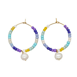 Фиолетовый Овальные серьги-кольца из нержавеющей стали с пресноводным жемчугом, со стеклянными бисеринами, золотые, фиолетовые, 45x30 мм