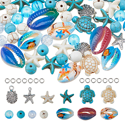 Смешанные камни Наборы для самостоятельного изготовления бусин на тему летнего океана, включают синтетическую бирюзу, хруст стекла, синтетический магнезит, очарование сплава, натуральная раковина каури