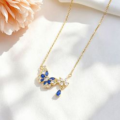 Blue Brass Pave Cubic Zirconia Flower Butterfly Pendant 304 Stainless Steel Cable Chain Necklaces for Women, Golden, Blue, 15.75 inch(40cm)