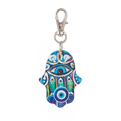 Mixed Color Triangle & Hamsa Hand/Hand of Miriam with Evil Eye Acrylic Pendant Decoration, with Alloy Clasp, Mixed Color, 85~92mm