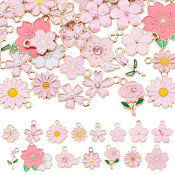 Pink 60 шт. Подвески из сплава эмали, цветочный шарм, золотой свет, розовые, 14~24x10~25.5x1~4 мм, отверстие : 2 мм