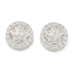 Прозрачный Латунные звенья с инкрустацией кубическим цирконием, плоские круглые со звездой, 925 серебро покрытием, прозрачные, 13x8 мм, отверстие : 1.6 мм