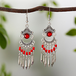 Красный Плоские круглые серьги-люстры в стиле бохо из сплава, стразов и стеклянных бусин, античное серебро, красные, 90 мм