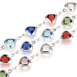 Платина Латунные цепочки с сердечками ручной работы, со стеклом, пайки, с катушкой, платина, 14x7.5x3 мм, около 16.40 футов (5 м) / рулон