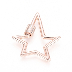 Розовое Золото Латунь микропаве прозрачный кубический цирконий винт карабин брелоки, для изготовления ожерелий, звезда, розовое золото , 35x30x5.5 мм