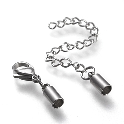 Stainless Steel Color 304 Stainless Steel Chain Extender, with Cord Ends, Curb Chains and Lobster Claw Clasps, Stainless Steel Color, 33mm long, Cord Ends: 9x4mm, 3mm inner diameter