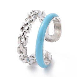 Light Sky Blue Enamel Double Line Open Cuff Ring, Platinum Plated Brass Jewelry for Women, Light Sky Blue, US Size 6(16.5mm)