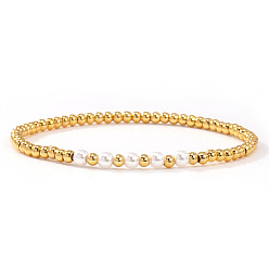 Настоящее золото 18K Браслеты из латуни и пластика с круглыми бусинами, имитирующими жемчуг, эластичные, для женщин., реальный 18 k позолоченный, 6.89 дюйм (17.5 см)