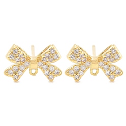 Настоящее золото 18K Латунные серьги-гвоздики с фианитами, без кадмия, без никеля и без свинца, с петлей, бантом, реальный 18 k позолоченный, 9.5x13 мм, отверстие : 0.9 мм, штифты : 11x0.7 мм