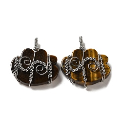 Tiger Eye Natural Tiger Eye Copper Wire Wrapped Pendants, Cloud Charms with Brass Beads, Rack Plating, Platinum, 47~50x44.5~45x11~12mm, Hole: 6x5.5mm