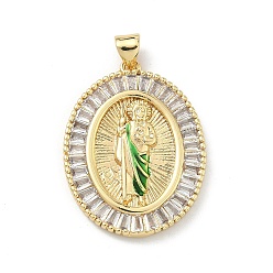 Настоящее золото 18K Латунные микро проложить кубического циркония подвески, овал с амулетами святого Иуды, с эмалью, долговечный, стойки покрытие, без свинца и без кадмия, реальный 18 k позолоченный, 30.5x23x3.5 мм, отверстие : 4.5x3.5 мм