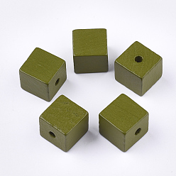 Olive Bemalte natürliche Holzperlen, Würfel, Olive, 14~15x14~15x14.5~15 mm, Bohrung: 3.5 mm