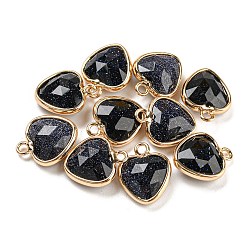 Синий Драгоценный Камень Синтетические подвески в виде граненых сердец синего золотого камня, с золотым оттенком латуни, 13.5x11x5 мм, отверстие : 1.6 мм