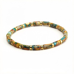 Imperial Jasper Boho Dyed Natural Imperial Jasper Column Beaded Stretch Bracelets, Golden, Colorful, 7.48 inch(19cm)