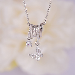 Серебро Женские кулоны-бабочки с латунным паве из прозрачного кубического циркония, серебряные, 17.72 дюйм (45 см)