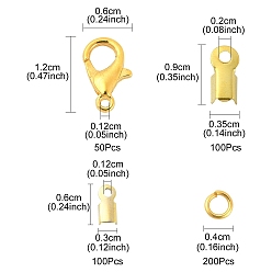 Golden 50Pcs Zinc Alloy Lobster Claw Clasps, with 200Pcs Iron Folding Crimp Ends & 200Pcs Open Jump Rings, Golden, 12x6mm, Hole: 1.2mm