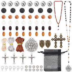 Mixed Color DIY Rosary Necklace Making Kit, Including Alloy Cross Pendants & Link Connectors, Natural Lava Rock & Wood & Acrylic Beads, Mixed Color