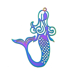 Русалка Ионное покрытие (ip) 201 подвески с травленым металлом из нержавеющей стали, Радуга цветов, русалка, 45x30.5x0.3 мм, отверстие : 1.2 мм