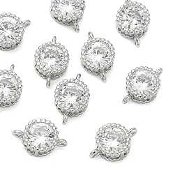 Real Platinum Plated SHEGRACE Brass Pave Clear Cubic Zirconia Flat Round Connector Charms, Cadmium Free & Nickel Free & Lead Free, Long-Lasting Plated, Real 18K Gold Plated, Real Platinum Plated, 8x5x3mm, Hole: 0.8mm