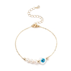 Golden Natural Pearl & Shell Heart with Evil Eye Link Bracelet with Brass Chains for Women, Golden, 7-1/4 inch(18.5cm)