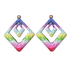 Rhombus Rainbow Color Printed Iron Pendants, Red Copper, Rhombus Charm, 43x35x2mm, Hole: 1.9mm