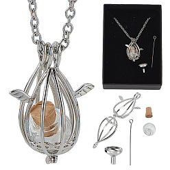 Platinum Brass Bead Cage Teardrop with Alloy Wing Pendant Cable Chain Necklaces, including Funnel, Box, Platinum, 23.62 inch(60cm)