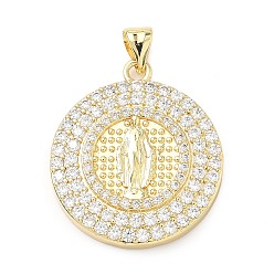 Плоский Круглый Латунные микро проложить кубического циркония подвески, плоский круглый с подвесками Девы Марии, без свинца и без кадмия, стойки покрытие, долговечный, реальный 18 k позолоченный, плоско-круглые, 27x23.5x4.5 мм, отверстие : 5x3 мм