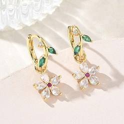 Настоящее золото 18K Женские серьги-кольца из латуни с микропаве из кубического циркония в форме цветка., стойки покрытие, долговечный, без свинца и без кадмия, реальный 18 k позолоченный, 24x10.5 мм