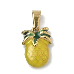 Ананас 304 Подвески из нержавеющей стали с эмалированными фруктами и овощами, с 201 защелкой из нержавеющей стали на поручнях, ионное покрытие (ip), золотые, желтые, ананас, 14.5x10x4 мм, отверстие : 5.5x2.5 мм
