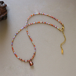 FireBrick Brass Enamel Chick Pendant Cubic Zirconia Beaded Necklaces for Women, Golden, FireBrick, 15.55 inch(39.5cm)