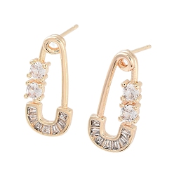 Real 18K Gold Plated Safety Pins Shape Brass Stud Earrings, with Glass, Real 18K Gold Plated, 19x9mm