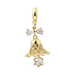 Прозрачный Латунное микропейв с кубическим цирконием европейские подвески с подвесками, Подвески с большими отверстиями, Рождественский колокольчик, стойки покрытие, долговечный, без кадмия и без свинца, реальный 18 k позолоченный, прозрачные, 35 мм, отверстие : 5.5 мм