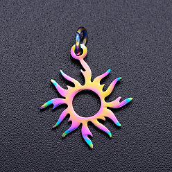 Rainbow Color Ion Plating(IP) 304 Stainless Steel Solar Eclipse Pendants, with Jump Rings, Sun, Rainbow Color, 18x16x1mm, Jump Ring: 5x0.8mm, Inner Diameter: 3mm