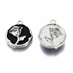 Black Rack Plating Alloy Enamel Pendants, Cadmium Free & Lead Free, Platinum, Flat Round with Rose, Black, 21.5x18.5x5.5mm, Hole: 1.6mm