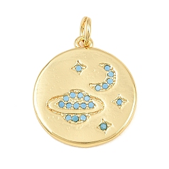 Planet Brass Micro Pave Sky Blue Cubic Zirconia Pendants, Real 18K Gold Plated, Planet, 19x17x2mm, Hole: 3.2mm