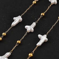 Золотой Ионное покрытие (ip) 304 цепи с цветочными звеньями из нержавеющей стали, с имитацией жемчуга, пайки, без кадмия и без свинца, с катушкой, золотые, 15x10x5 мм