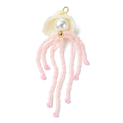 Pink Подвески из натуральной ракушки, стеклянного жемчуга и стеклянных бусин, медузы прелести, розовые, 72x26x12 мм, отверстие : 3 мм