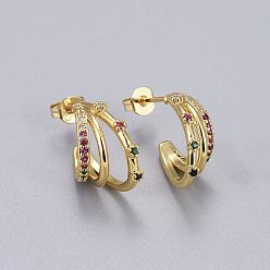Разноцветный Латунные микро проложить серьги стержня кубического циркония, серьги-кольца, сплит серьги, с ушной гайкой, долговечный, реальный 18 k позолоченный, красочный, 14.5x8 мм, штифты : 0.8 мм