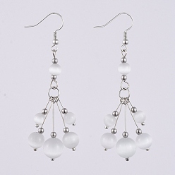 White Dangle Earrings, with Cat Eye Round Beads, Brass Earring Hooks, Stainless Steel Beads & Pins, White, 69mm, Pendant: 52x16mm