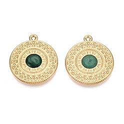 Sea Green 303 Stainless Steel Enamel Pendants, Flat Round Charms, Ion Plating(IP), Real 18K Gold Plated, Sea Green, 21.5x19x2mm, Hole: 1mm