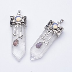 Хрусталь Натуральный кварцевый кристалл большие остроконечные подвески, с латунной найти, 57~61x15~20x10~14 мм, отверстие : 4x7 мм