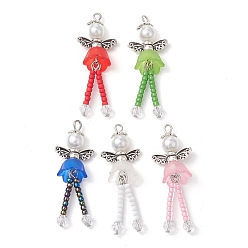Античное Серебро Подвески из стеклянных семян и акрилового жемчуга, с волшебным крылом из сплава и 304 фурнитурой из нержавеющей стали, ангельские прелести, античное серебро, 39x14x9 мм, отверстие : 2 мм