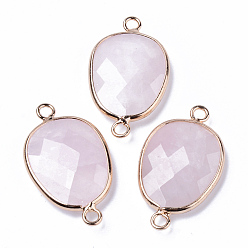 Rose Quartz Natural Rose Quartz Links Connectors, with Light Gold Plated Edge Brass Loops, Oval, Faceted, 30.5~31.5x17.5x5~6mm, Hole: 2mm