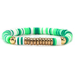 Разноцветный Эластичные браслеты из полимерной глины с бусинами хейши и латунными бусинами для повседневной носки и создания непринужденного стиля., золотые, красочный, 6.89 дюйм (17.5 см)