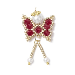 Красный Подвески-бабочки из стеклянного бисера, с 304 кольцами из нержавеющей стали и стеклянной круглой бусиной-жемчужиной, красные, 41x23x8 мм, отверстие : 3 мм