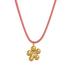 Flower 304 Stainless Steel Pendant Twisted Cotton Cord Necklaces for Women, Real 18K Gold Plated, Pink, Flower, 13.78 inch(35cm), pendant: 40mm