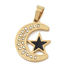 Черный Ионное покрытие (ip) 304 подвески со стразами из эмали из нержавеющей стали, прелести лунной звезды, реальный 18 k позолоченный, чёрные, 23.5x18.5x2.5 мм, отверстие : 6.5x4 мм