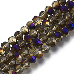 Pink Гальванизируйте прозрачное стекло бисер нитей, с половиным покрытием цвета радуги, граненые, рондель, розовые, 6x5 мм, отверстие : 1 мм, около 80~85 шт / нитка, 38~40 см