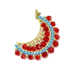 Красный Подвески в виде луны из стеклянных бус, со стеклом и выводами 201 из нержавеющей стали, красные, 33x30.5x4.5 мм, отверстие : 3.5 мм